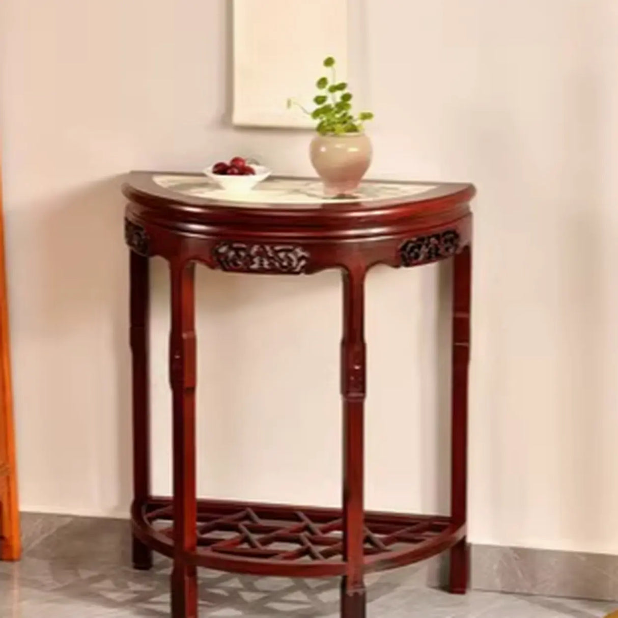 Classic Entryway Half Moon Wood Mahogany Console Table Image - 15
