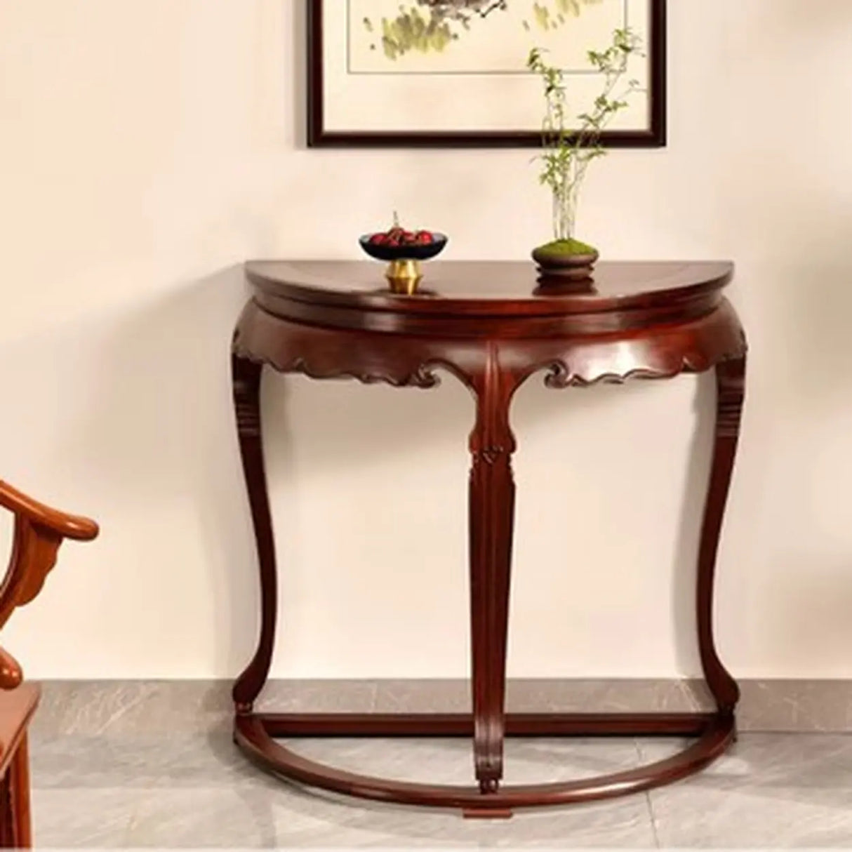 Classic Entryway Half Moon Wood Mahogany Console Table Image - 1