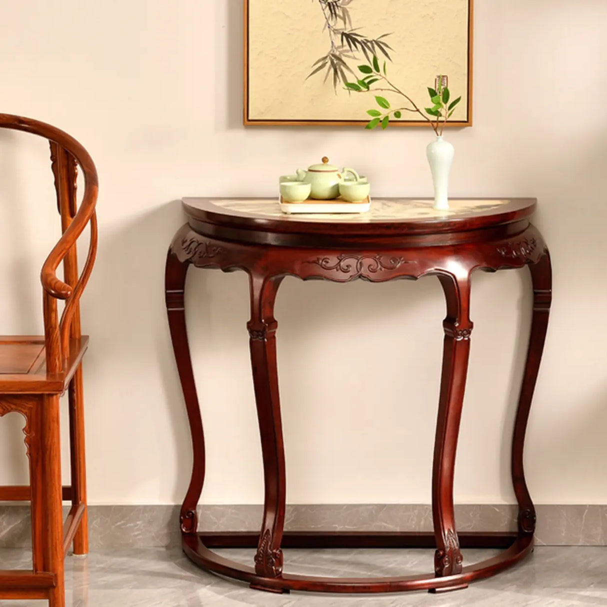 Classic Entryway Half Moon Wood Mahogany Console Table Image - 3