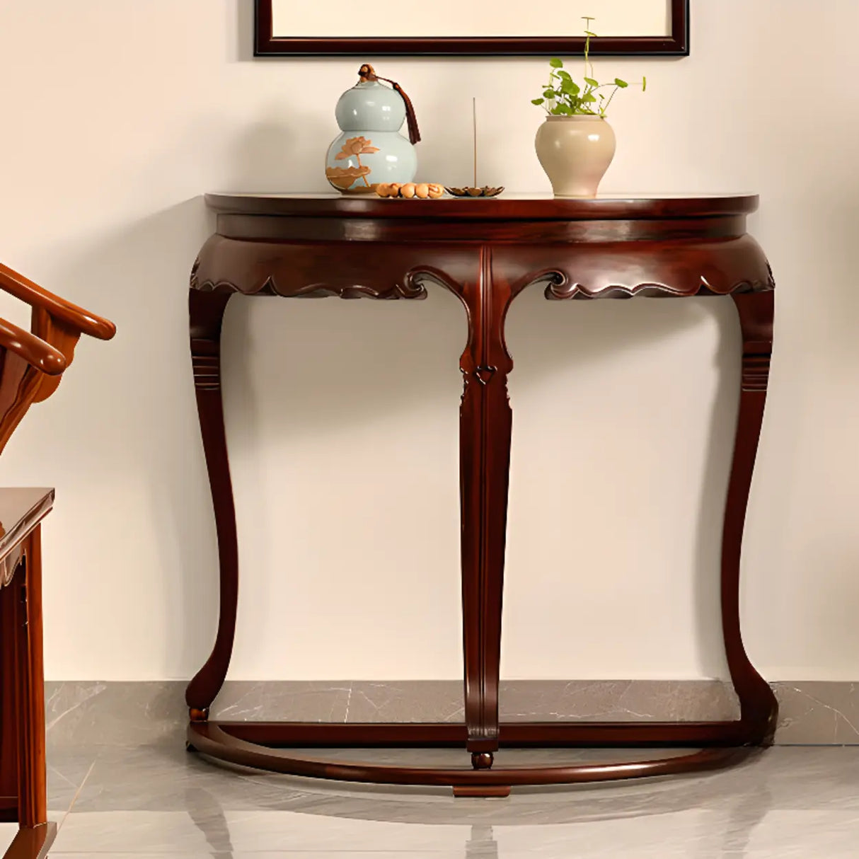 Classic Entryway Half Moon Wood Mahogany Console Table Image - 4