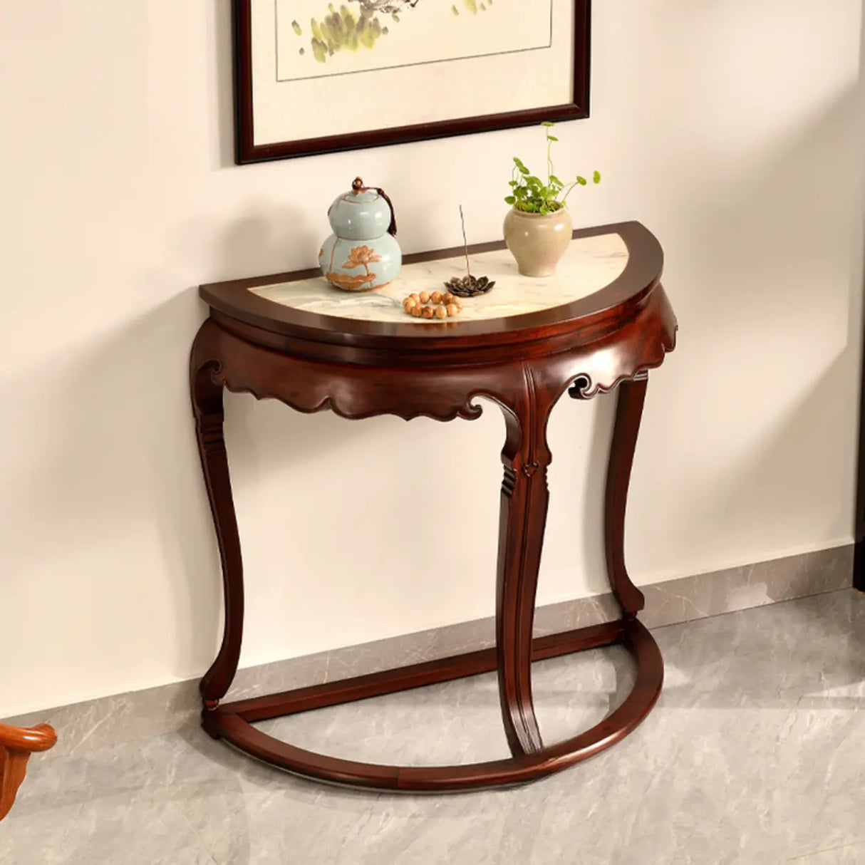 Classic Entryway Half Moon Wood Mahogany Console Table Image - 5