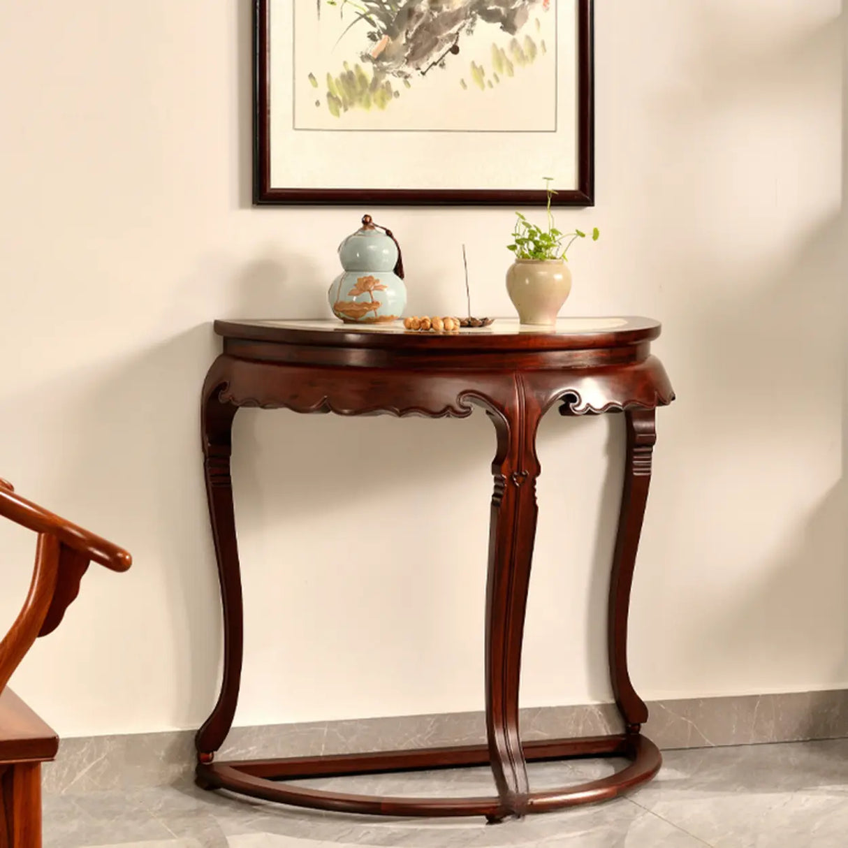 Classic Entryway Half Moon Wood Mahogany Console Table Image - 6