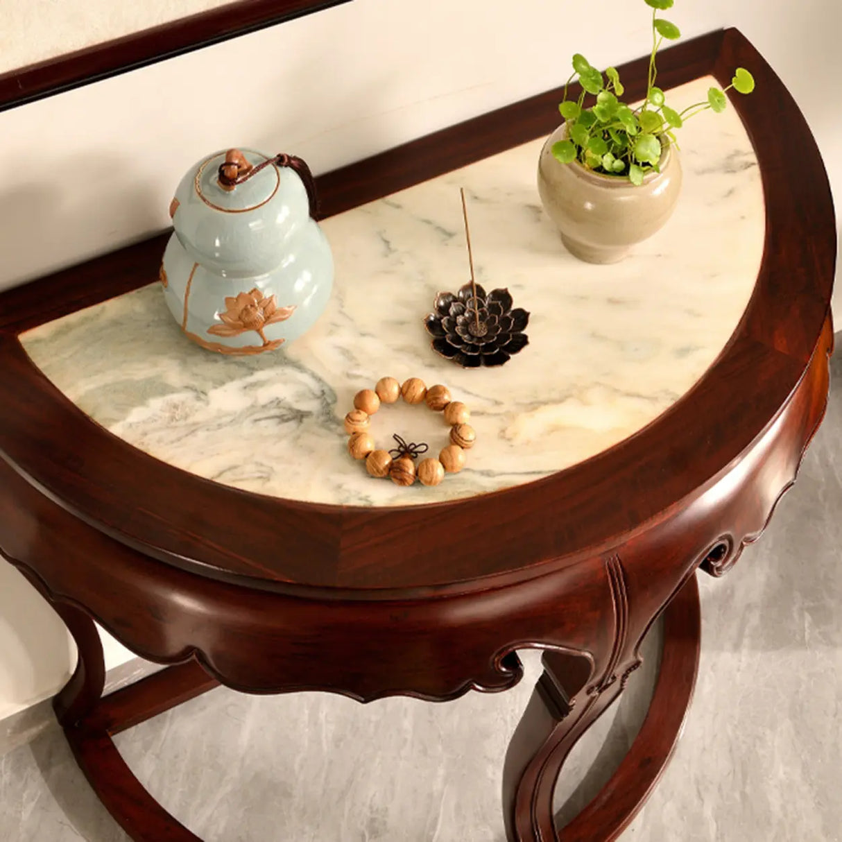 Classic Entryway Half Moon Wood Mahogany Console Table Image - 8