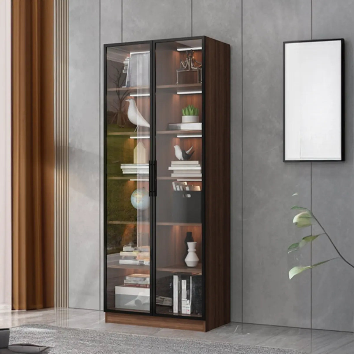 Classic Espresso Vertical Glass Wood Narrow Bookcase Image - 10