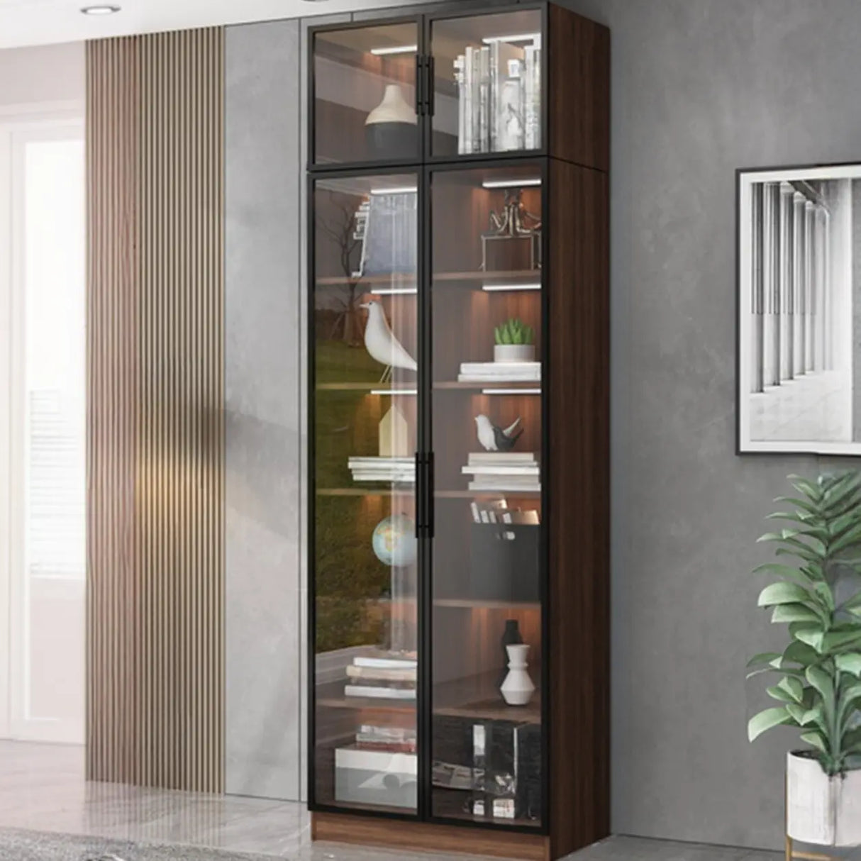 Classic Espresso Vertical Glass Wood Narrow Bookcase Image - 11