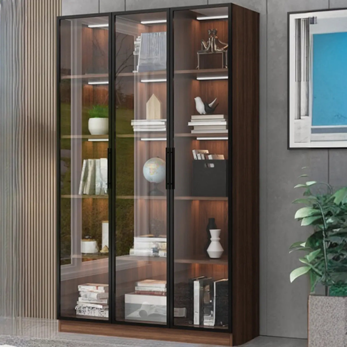 Classic Espresso Vertical Glass Wood Narrow Bookcase Image - 12