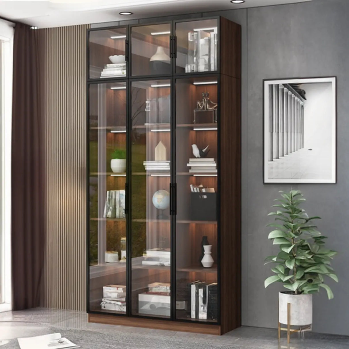 Classic Espresso Vertical Glass Wood Narrow Bookcase Image - 13