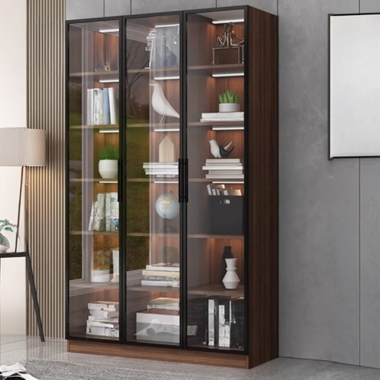 Classic Espresso Vertical Glass Wood Narrow Bookcase Image - 14