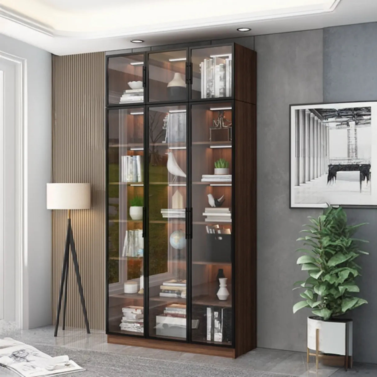 Classic Espresso Vertical Glass Wood Narrow Bookcase Image - 15
