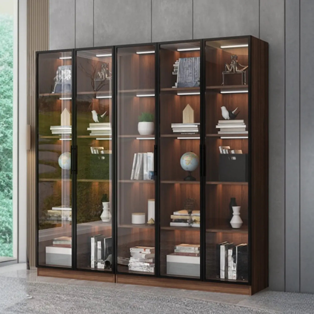 Classic Espresso Vertical Glass Wood Narrow Bookcase Image - 16