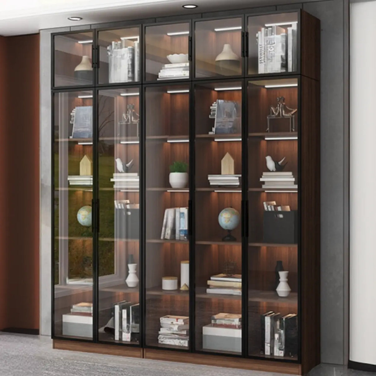Classic Espresso Vertical Glass Wood Narrow Bookcase Image - 17
