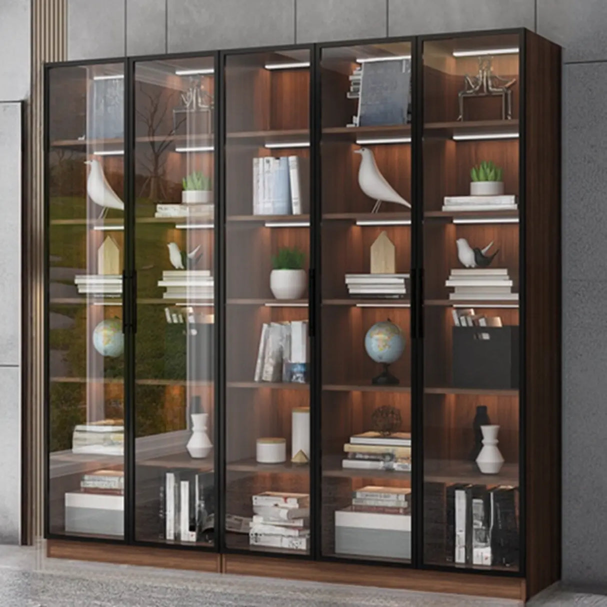 Classic Espresso Vertical Glass Wood Narrow Bookcase Image - 18