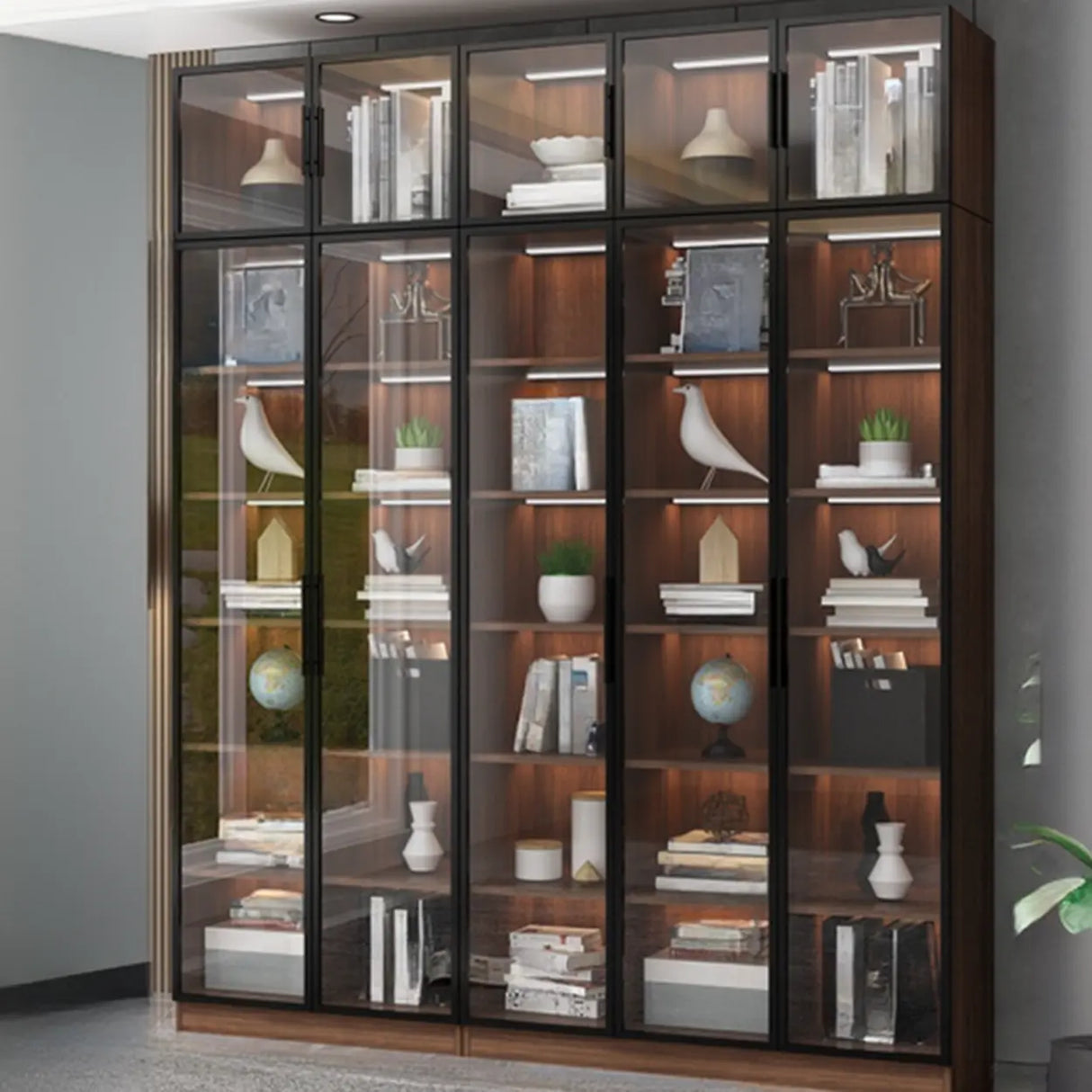 Classic Espresso Vertical Glass Wood Narrow Bookcase Image - 19