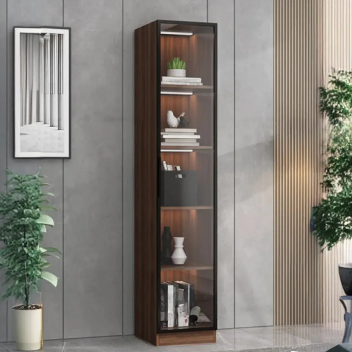 Classic Espresso Vertical Glass Wood Narrow Bookcase Image - 1
