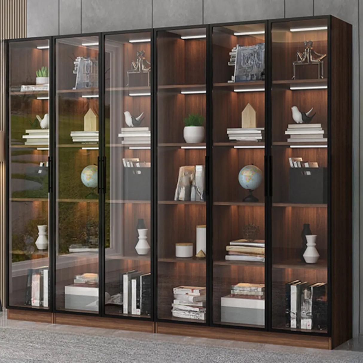 Classic Espresso Vertical Glass Wood Narrow Bookcase Image - 20