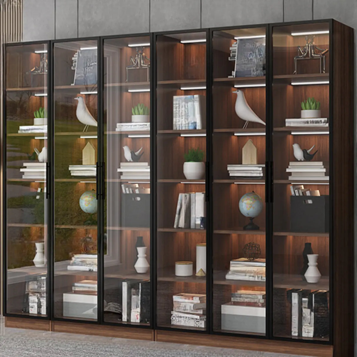 Classic Espresso Vertical Glass Wood Narrow Bookcase Image - 21