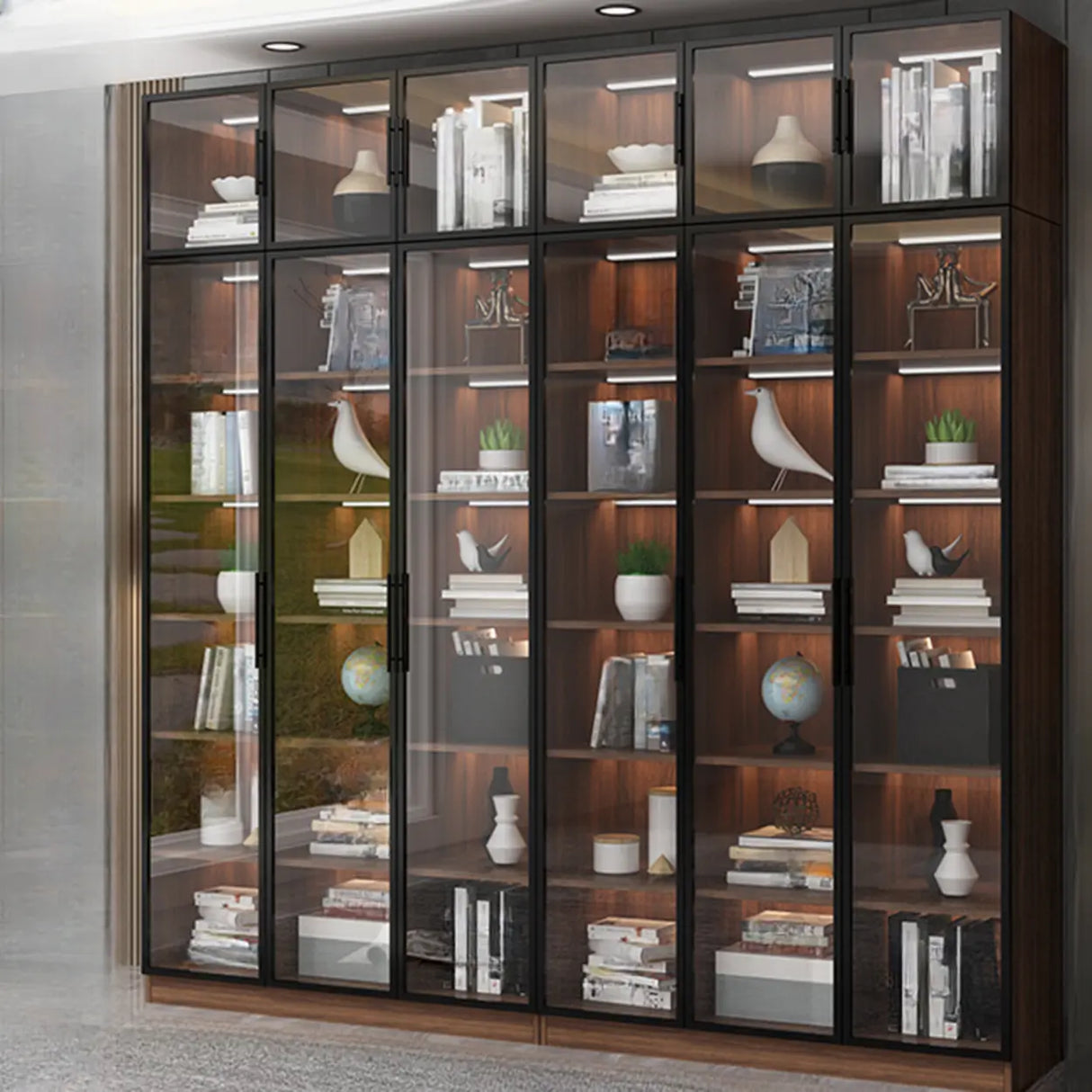 Classic Espresso Vertical Glass Wood Narrow Bookcase Image - 22