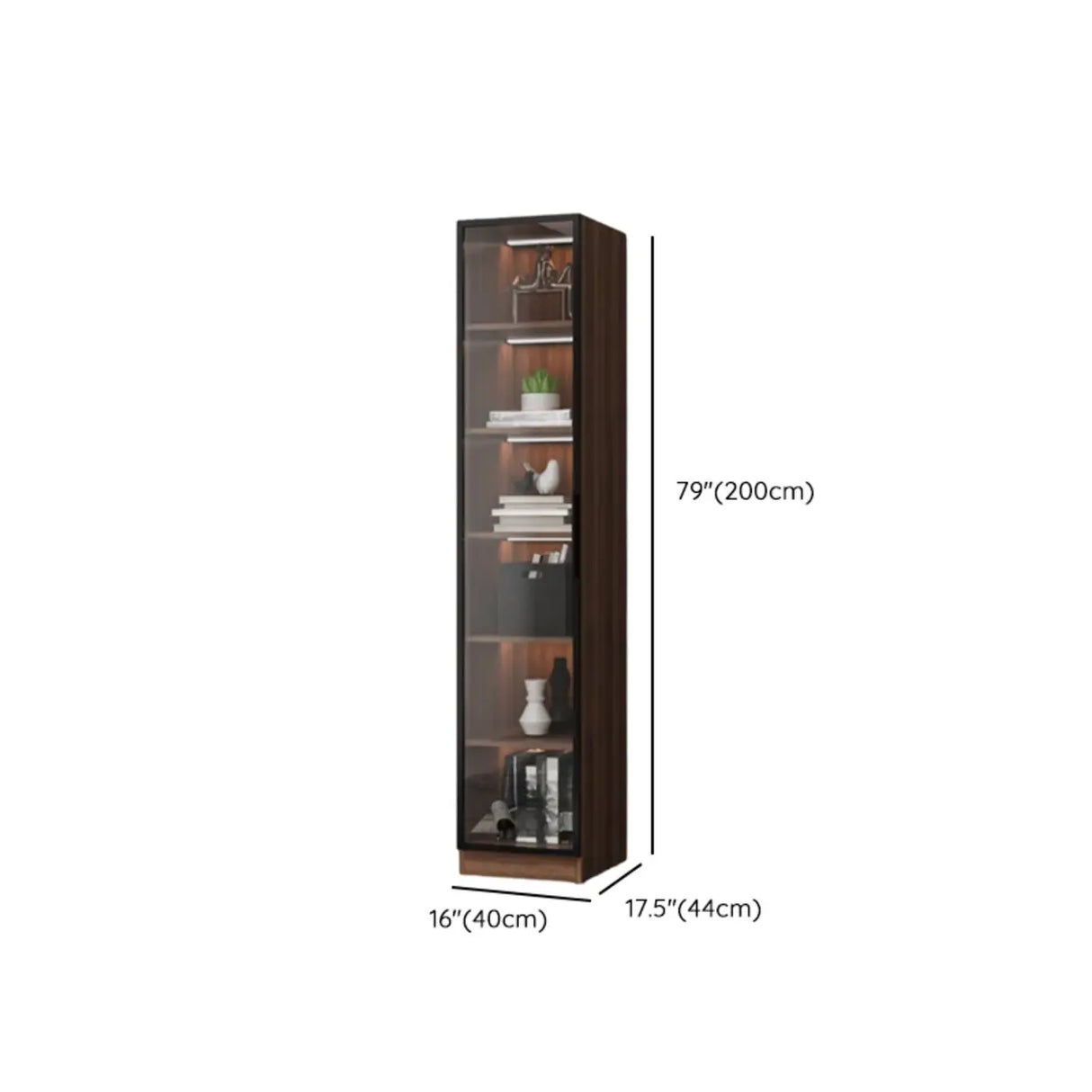 Classic Espresso Vertical Glass Wood Narrow Bookcase Image - 24