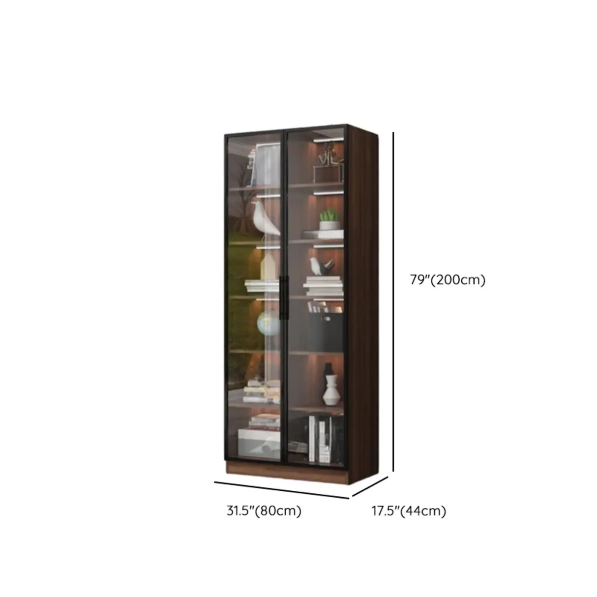 Classic Espresso Vertical Glass Wood Narrow Bookcase Image - 26