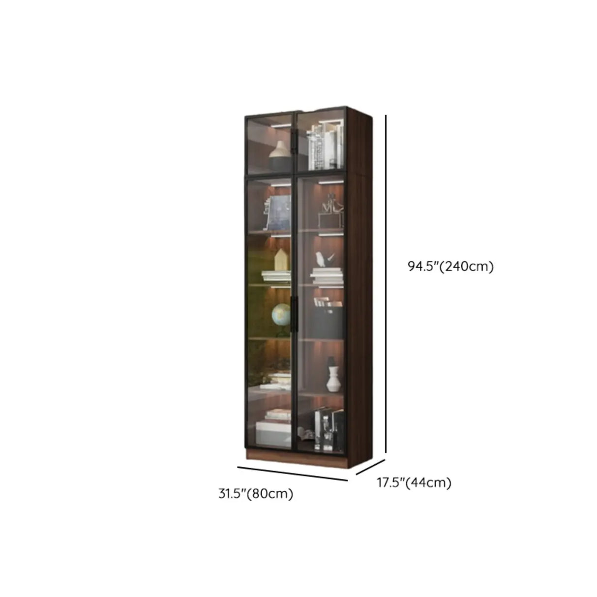 Classic Espresso Vertical Glass Wood Narrow Bookcase Image - 27