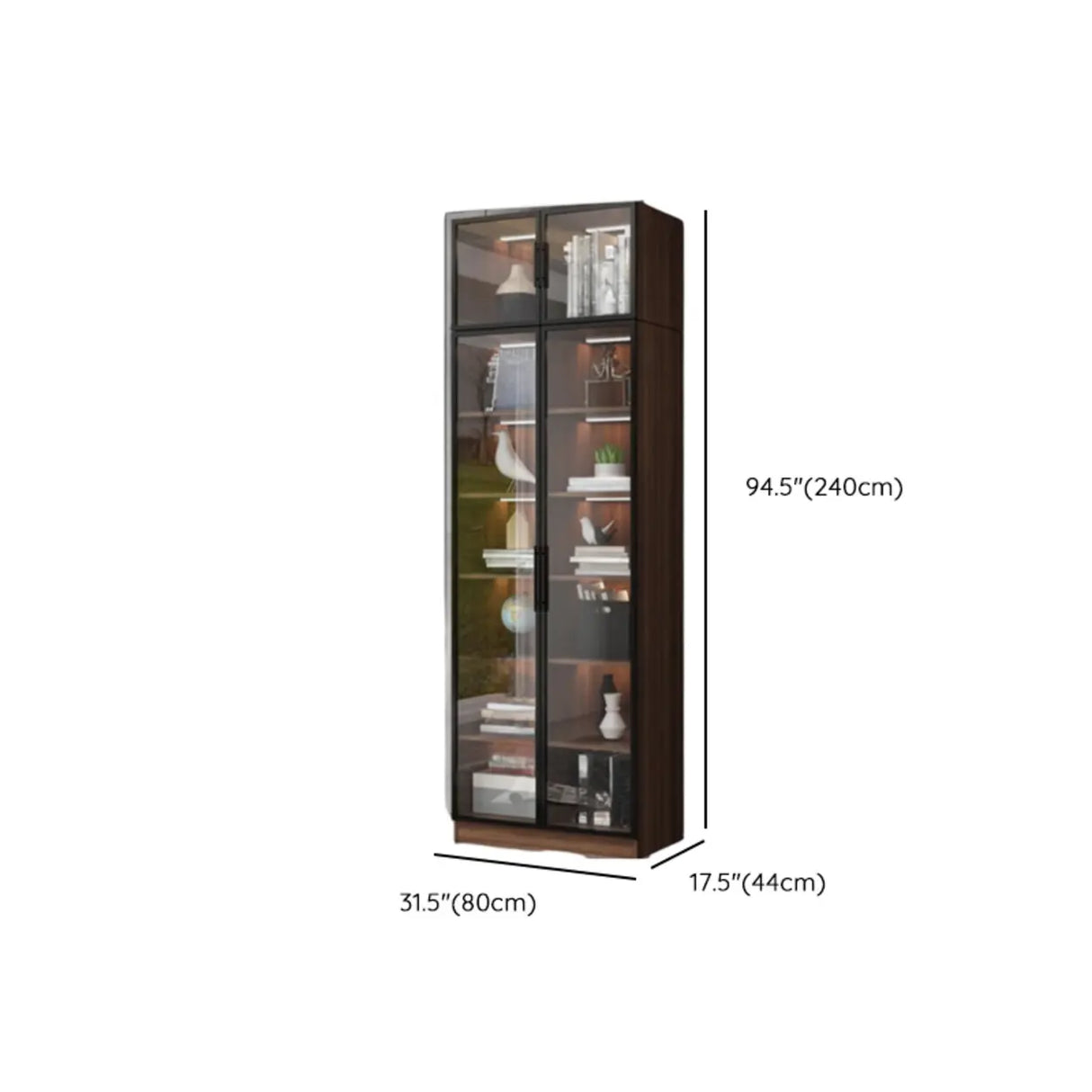 Classic Espresso Vertical Glass Wood Narrow Bookcase Image - 28
