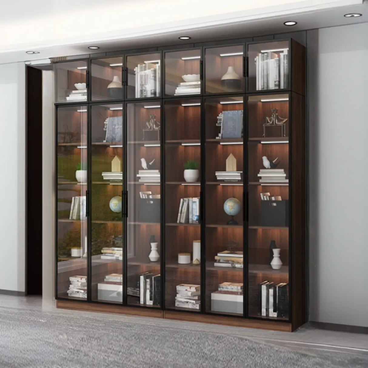 Classic Espresso Vertical Glass Wood Narrow Bookcase Image - 2