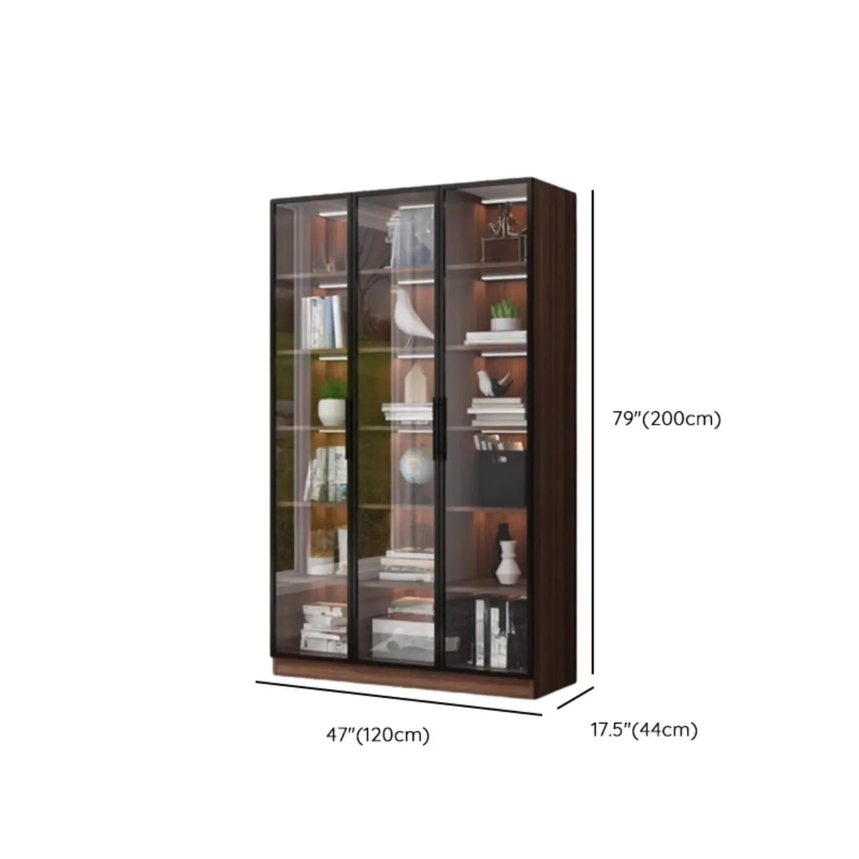 Classic Espresso Vertical Glass Wood Narrow Bookcase Image - 30