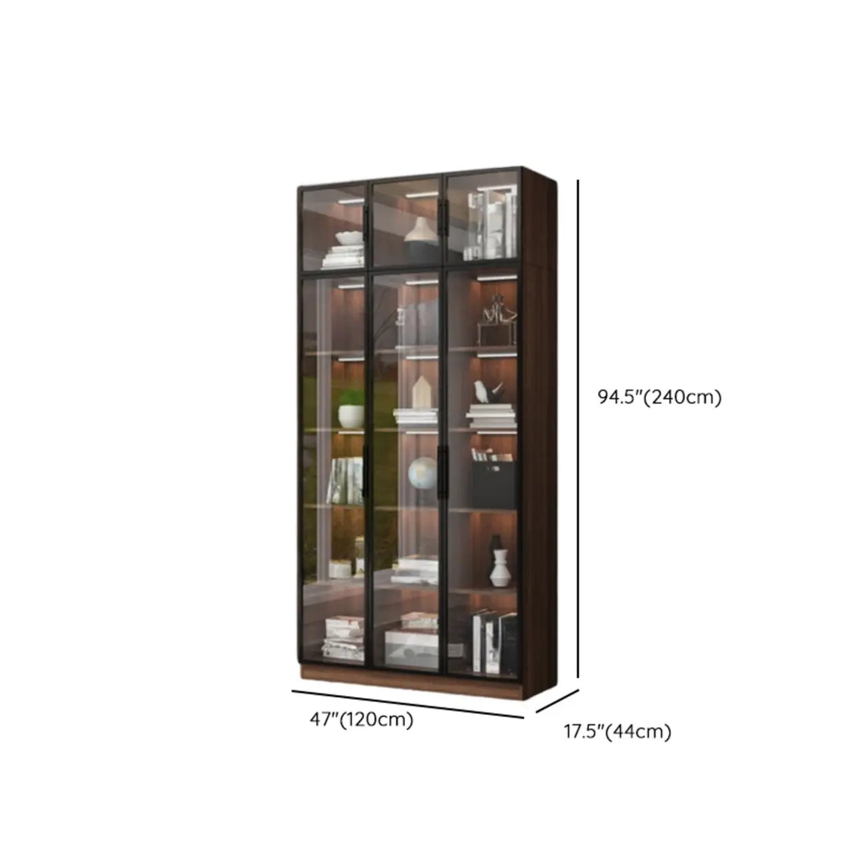 Classic Espresso Vertical Glass Wood Narrow Bookcase Image - 31
