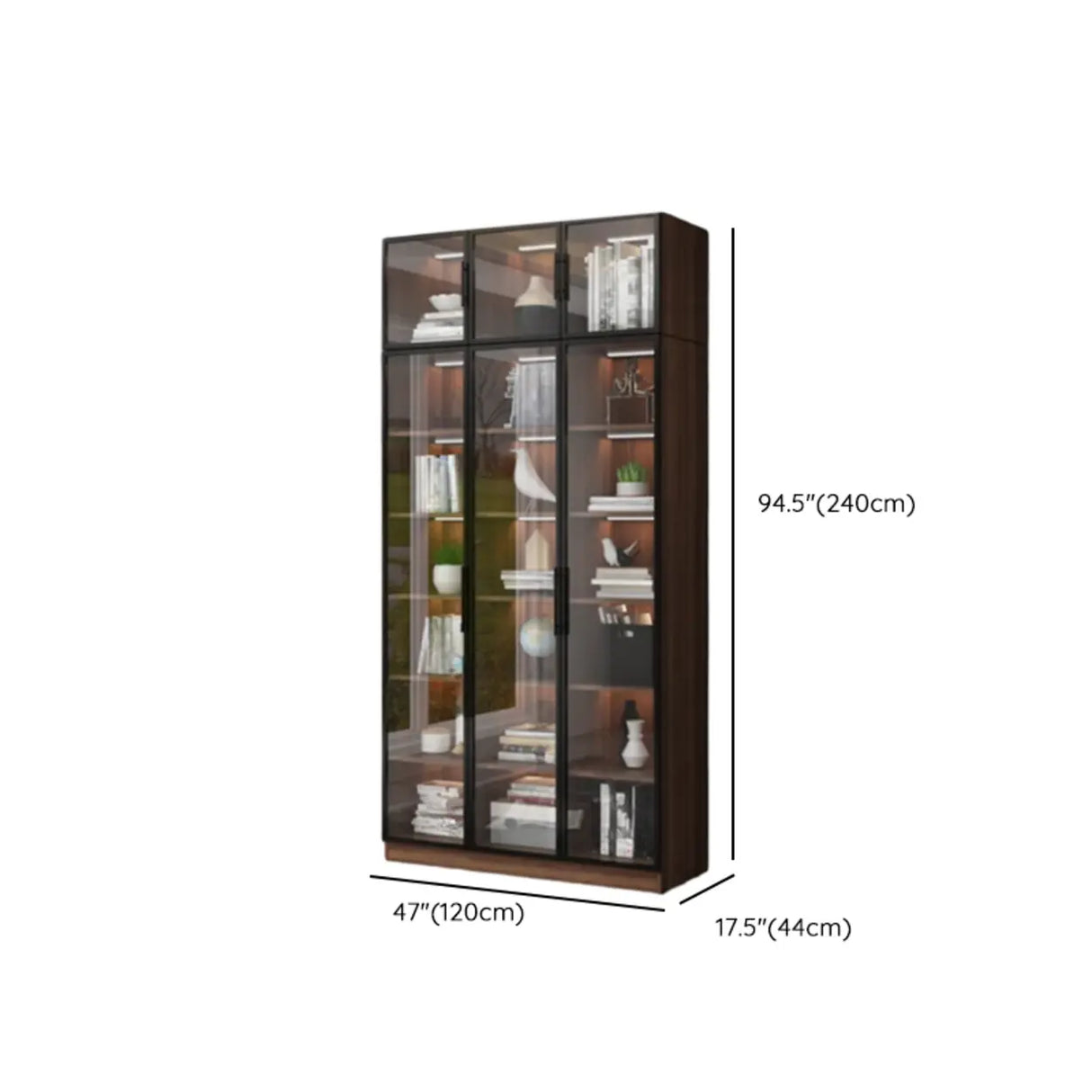 Classic Espresso Vertical Glass Wood Narrow Bookcase Image - 32