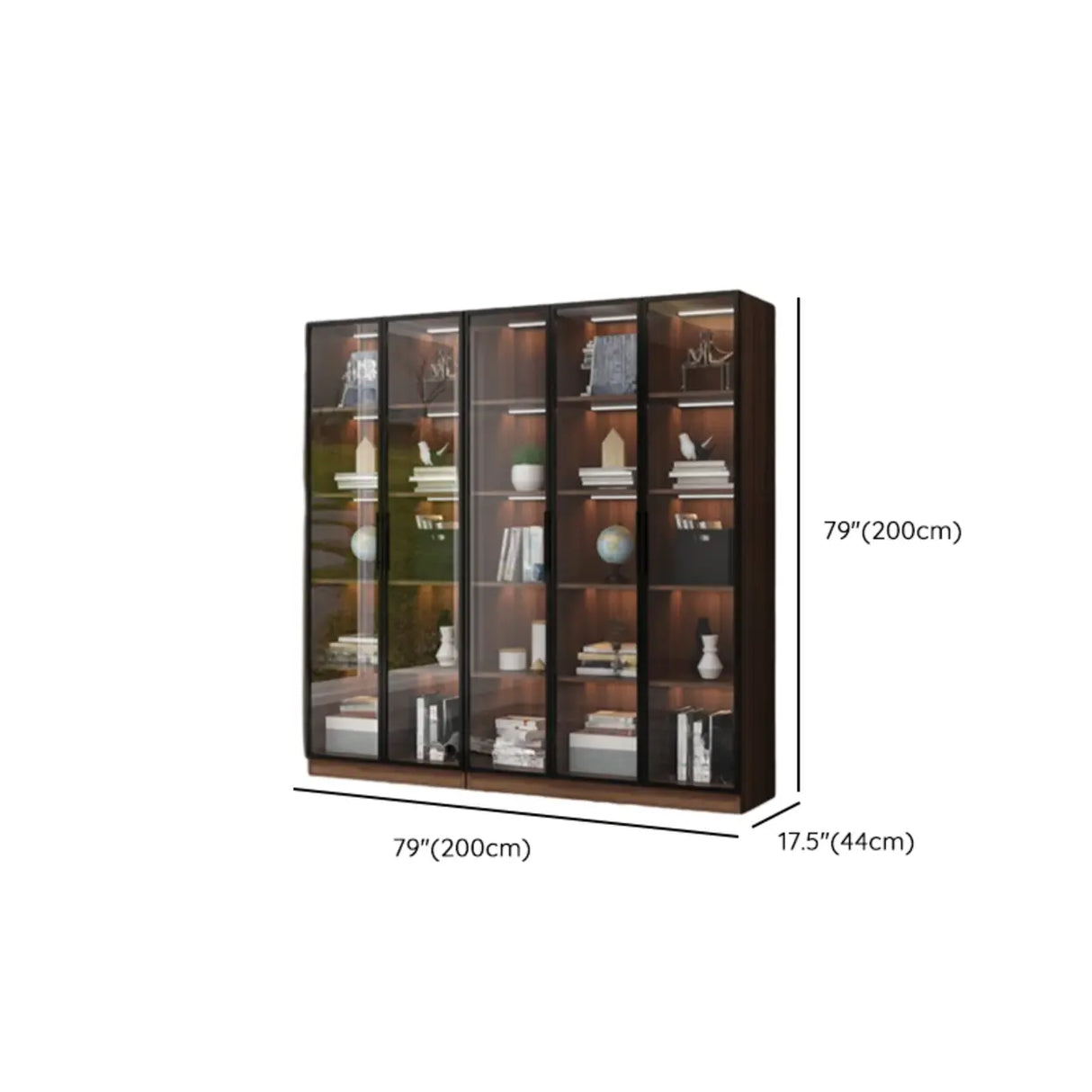 Classic Espresso Vertical Glass Wood Narrow Bookcase Image - 33