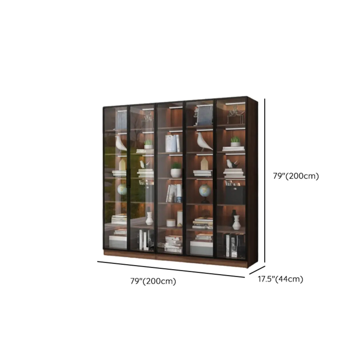 Classic Espresso Vertical Glass Wood Narrow Bookcase Image - 34