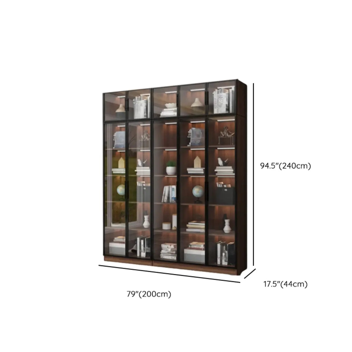 Classic Espresso Vertical Glass Wood Narrow Bookcase Image - 35