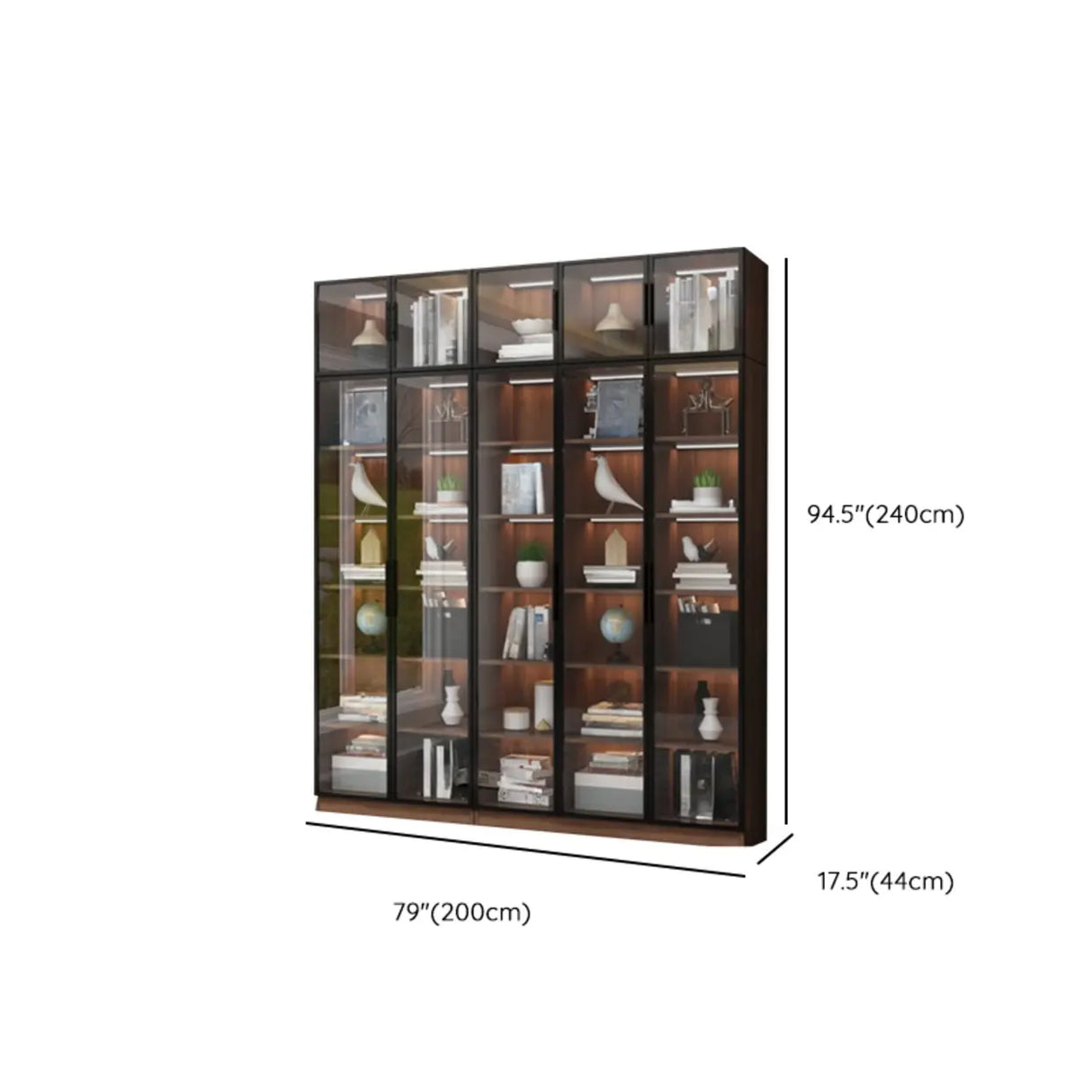 Classic Espresso Vertical Glass Wood Narrow Bookcase Image - 36