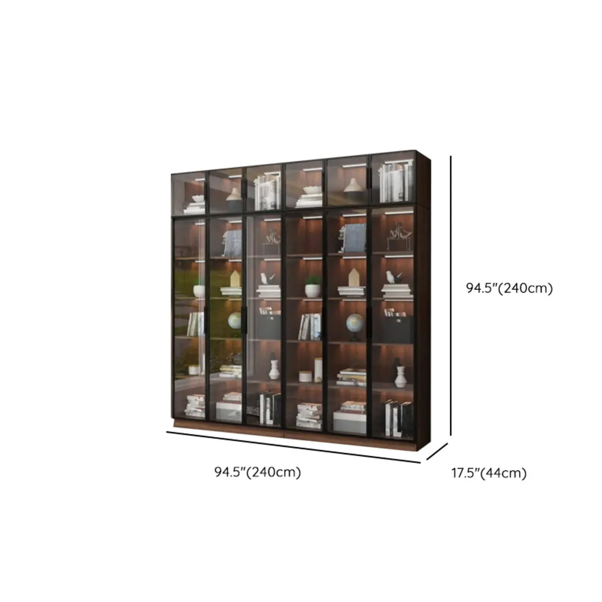 Classic Espresso Vertical Glass Wood Narrow Bookcase Image - 39