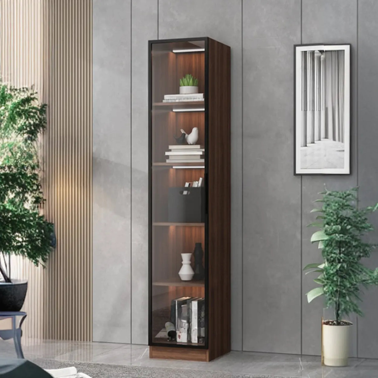 Classic Espresso Vertical Glass Wood Narrow Bookcase Image - 3