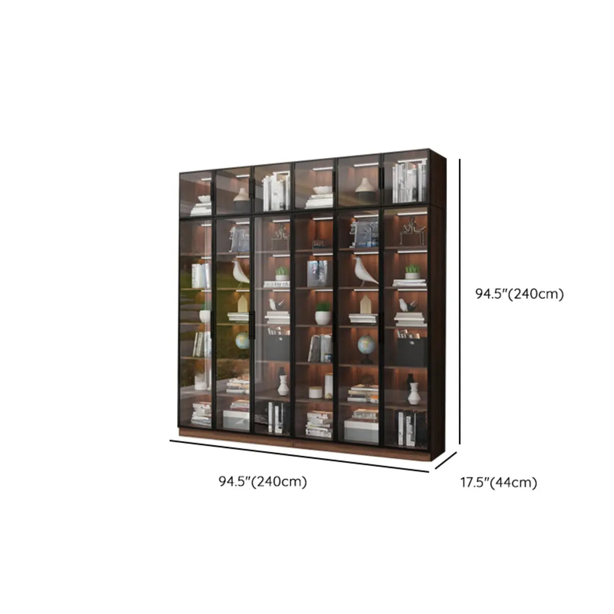 Classic Espresso Vertical Glass Wood Narrow Bookcase Image - 40