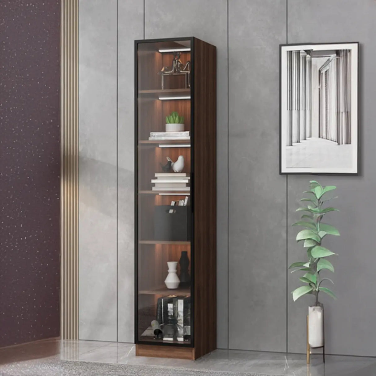 Classic Espresso Vertical Glass Wood Narrow Bookcase Image - 5