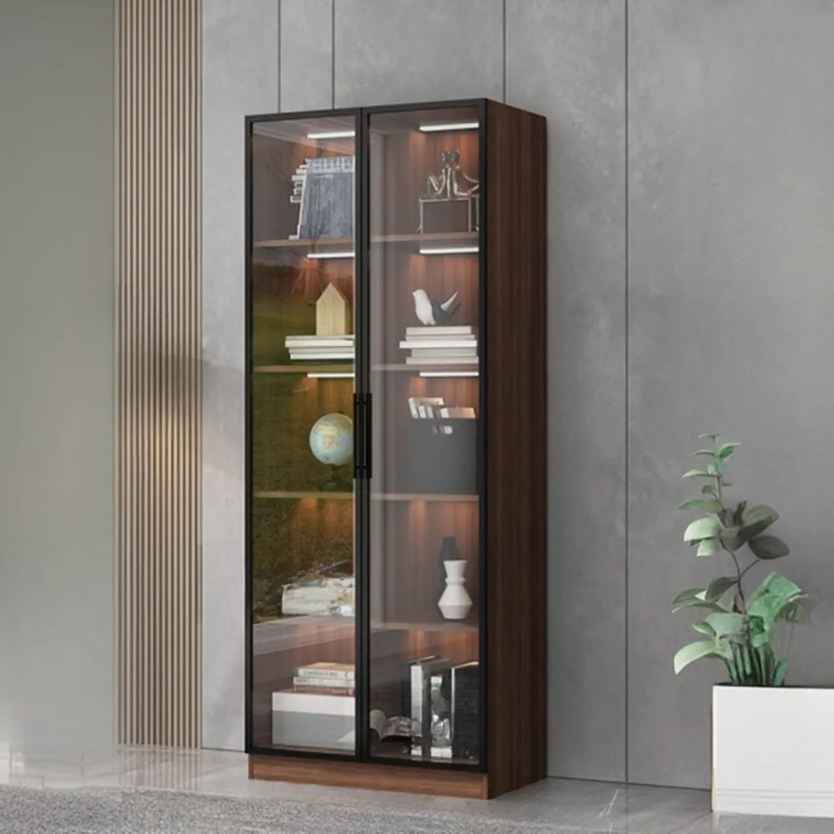 Classic Espresso Vertical Glass Wood Narrow Bookcase Image - 8