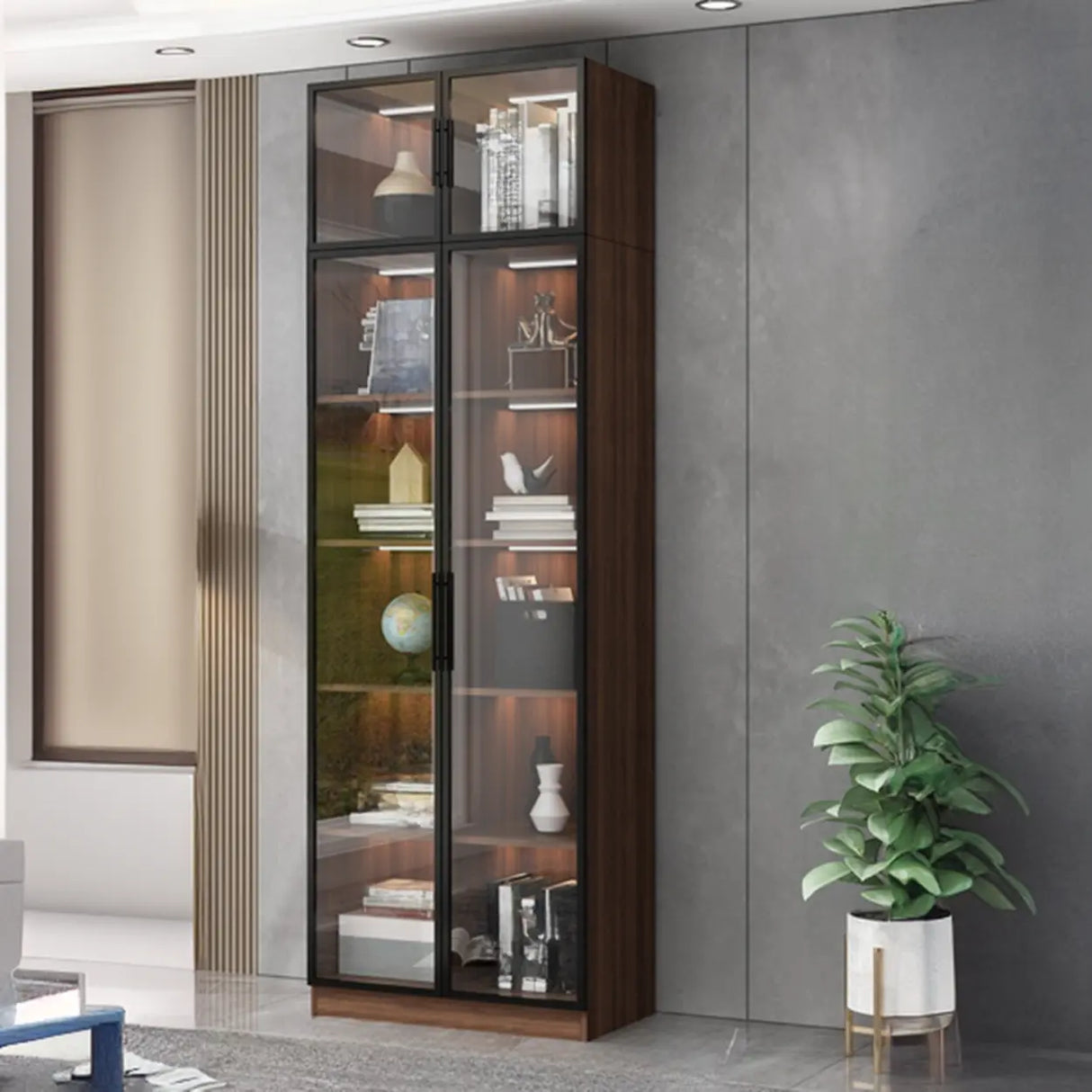 Classic Espresso Vertical Glass Wood Narrow Bookcase Image - 9