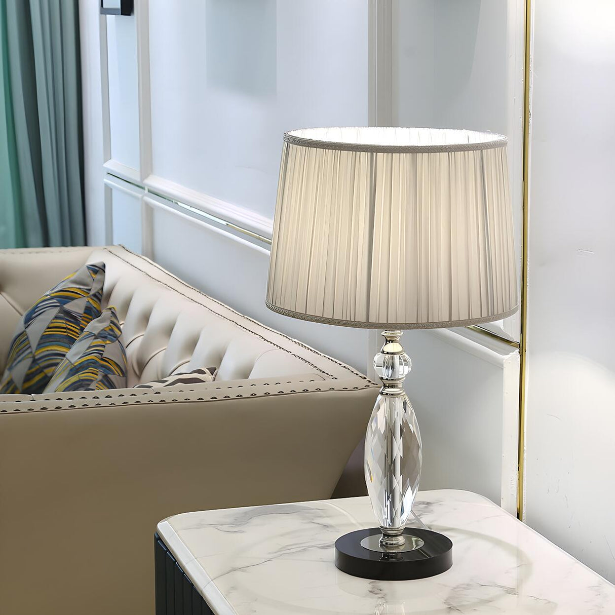 Classic Fabric Drum Shade Crystal Base Table Lamp Image - 13