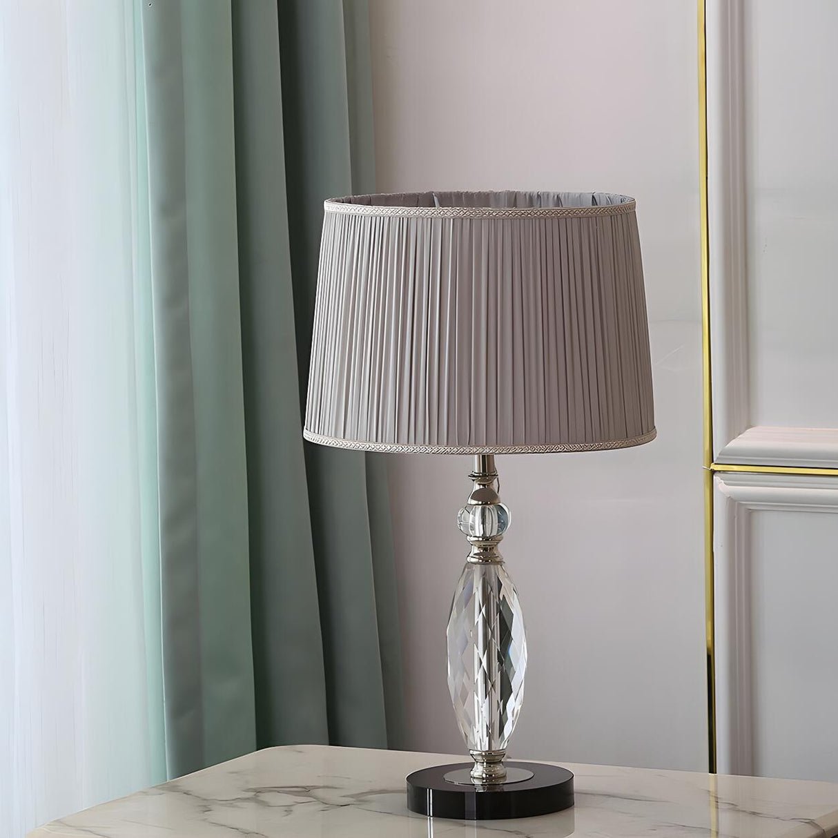 Classic Fabric Drum Shade Crystal Base Table Lamp Image - 14