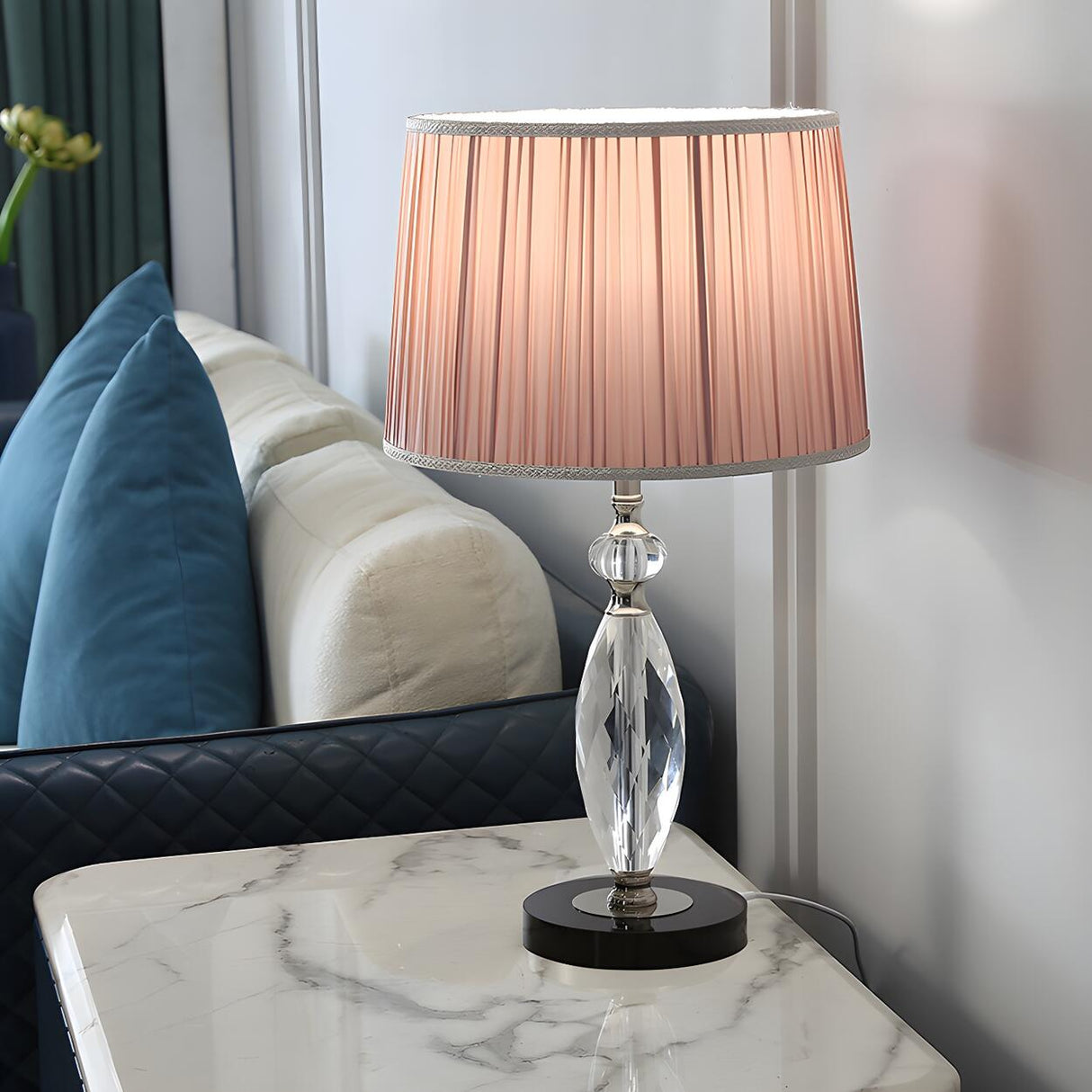 Classic Fabric Drum Shade Crystal Base Table Lamp Image - 15