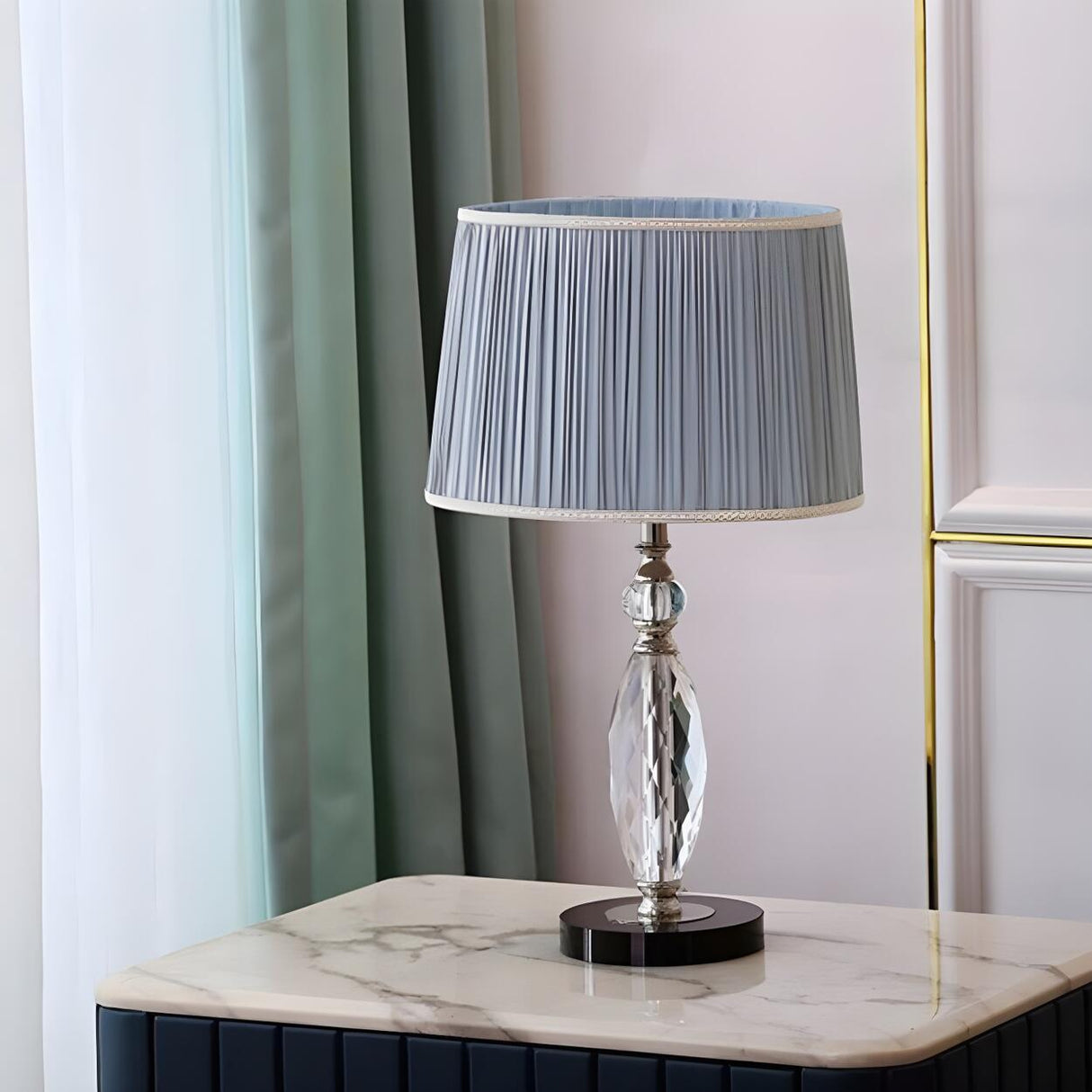 Classic Fabric Drum Shade Crystal Base Table Lamp Image - 16