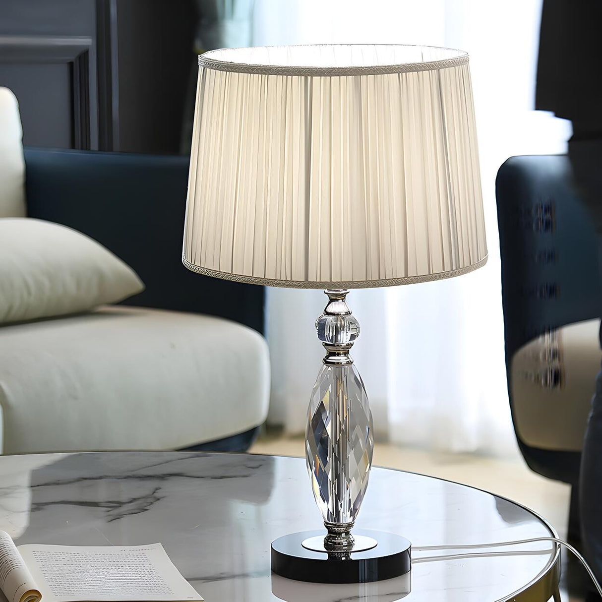 Classic Fabric Drum Shade Crystal Base Table Lamp Image - 3