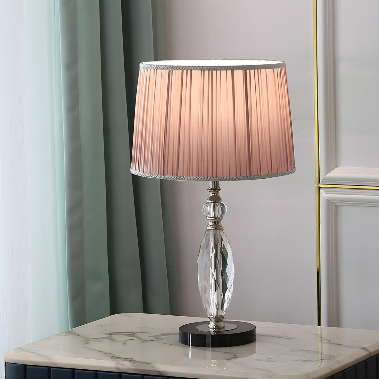 Classic Fabric Drum Shade Crystal Base Table Lamp Image - 4