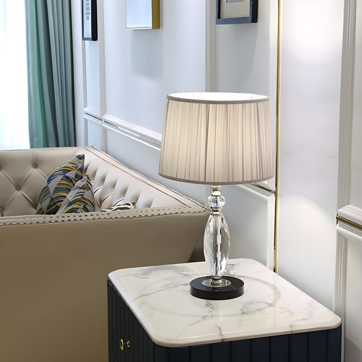 Classic Fabric Drum Shade Crystal Base Table Lamp Image - 5