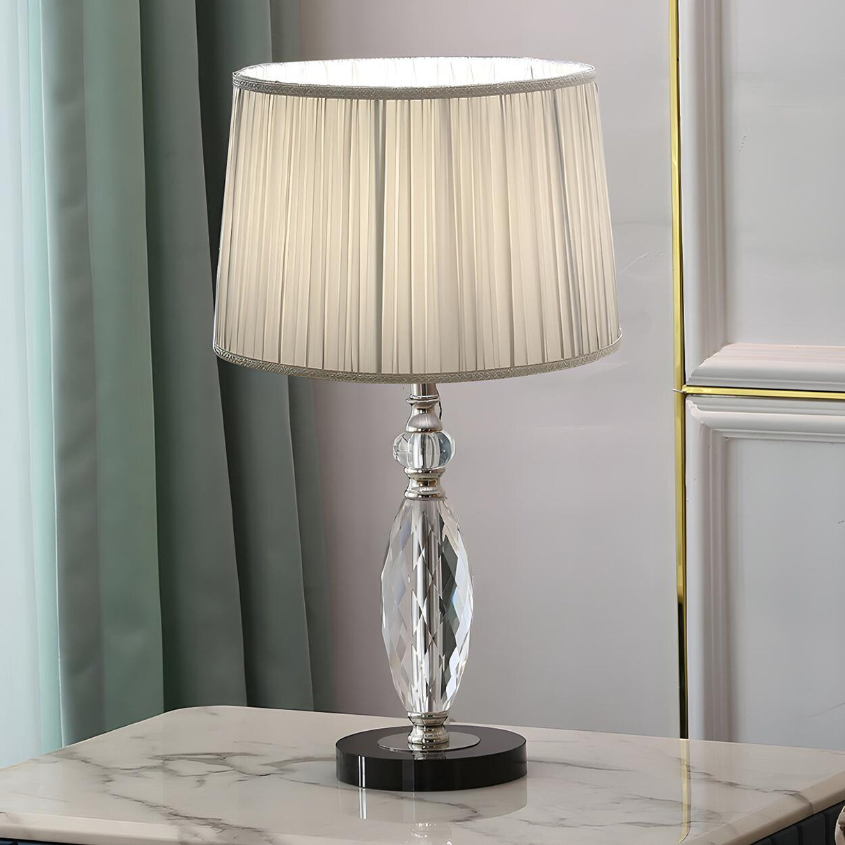 Classic Fabric Drum Shade Crystal Base Table Lamp Image - 7