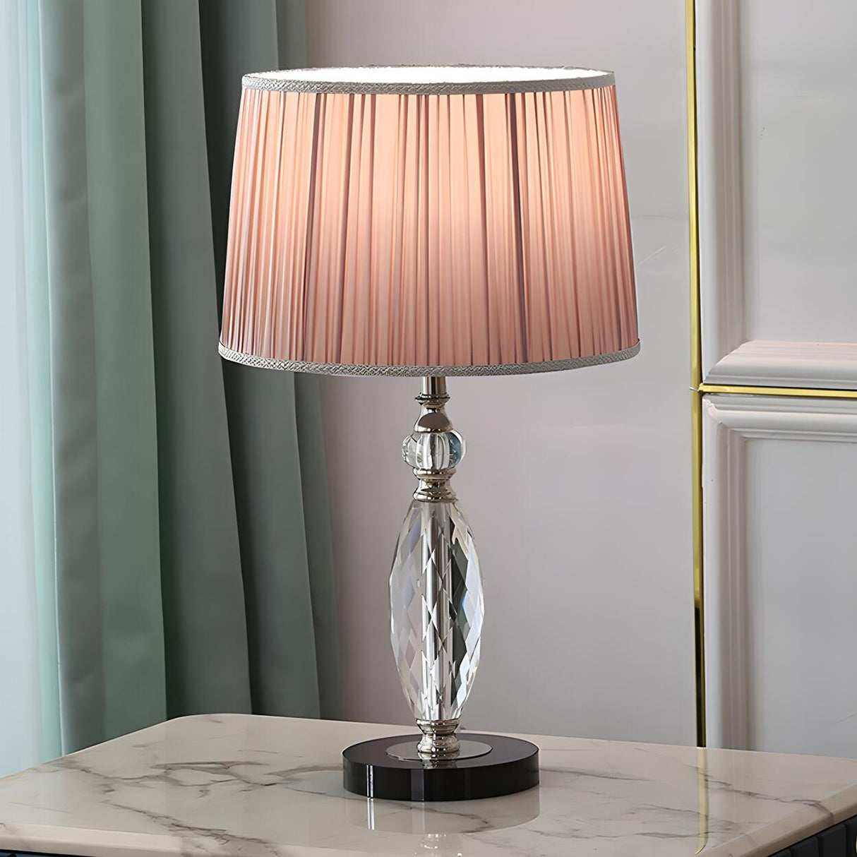 Classic Fabric Drum Shade Crystal Base Table Lamp Image - 8