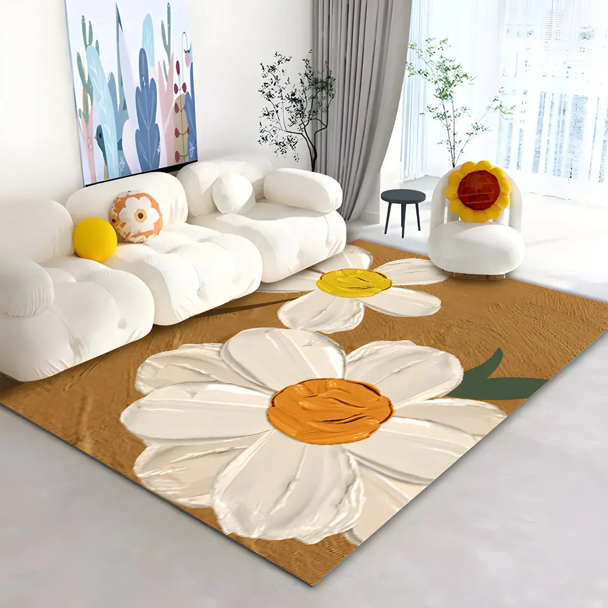 Classic Floral Rectangle Polyester Yellow Area Rug Image - 1
