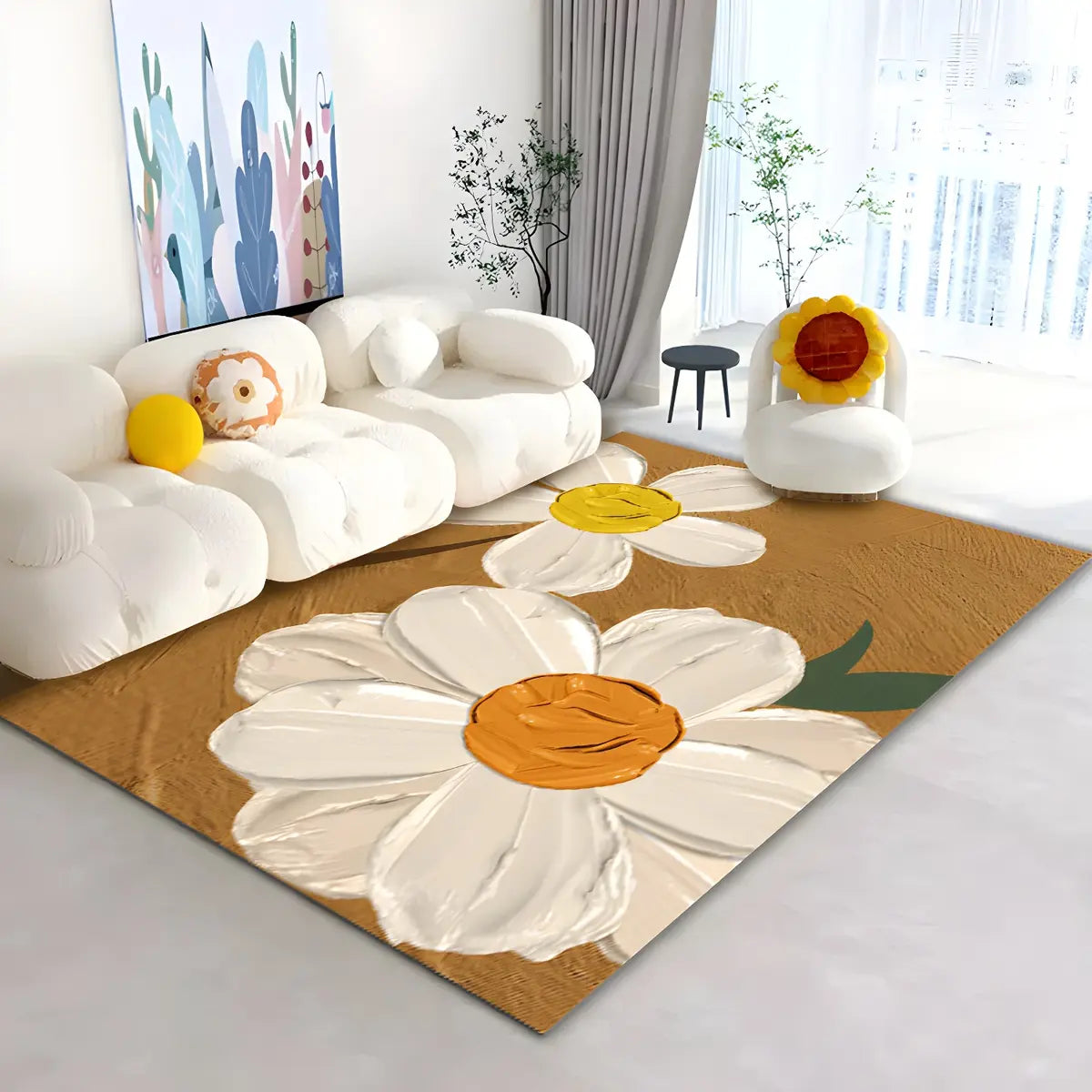 Classic Floral Rectangle Polyester Yellow Area Rug Image - 5